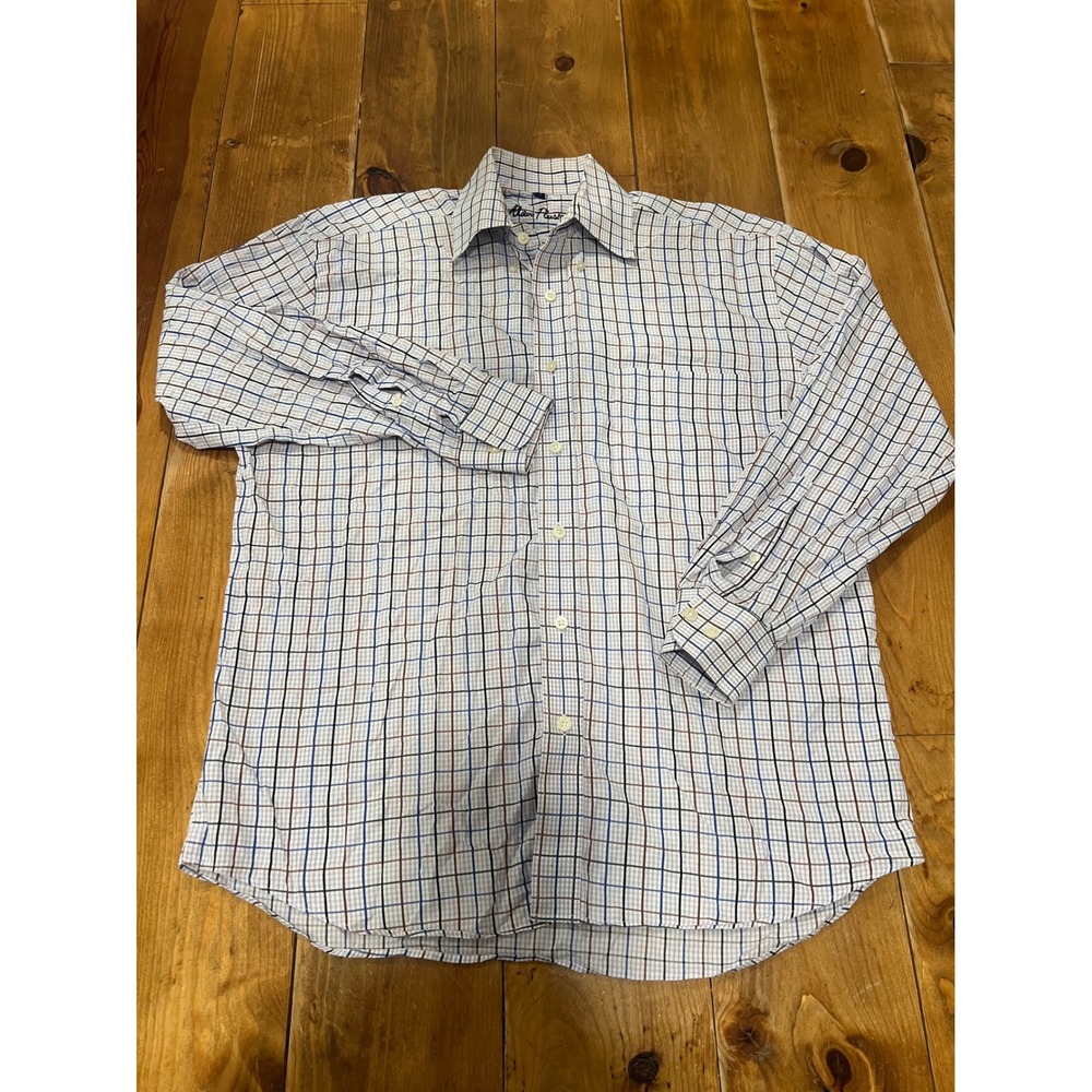 Alan Flusser Mens Long Sleeve Button Down Shirt Blue Brown Grid Plaid Size M